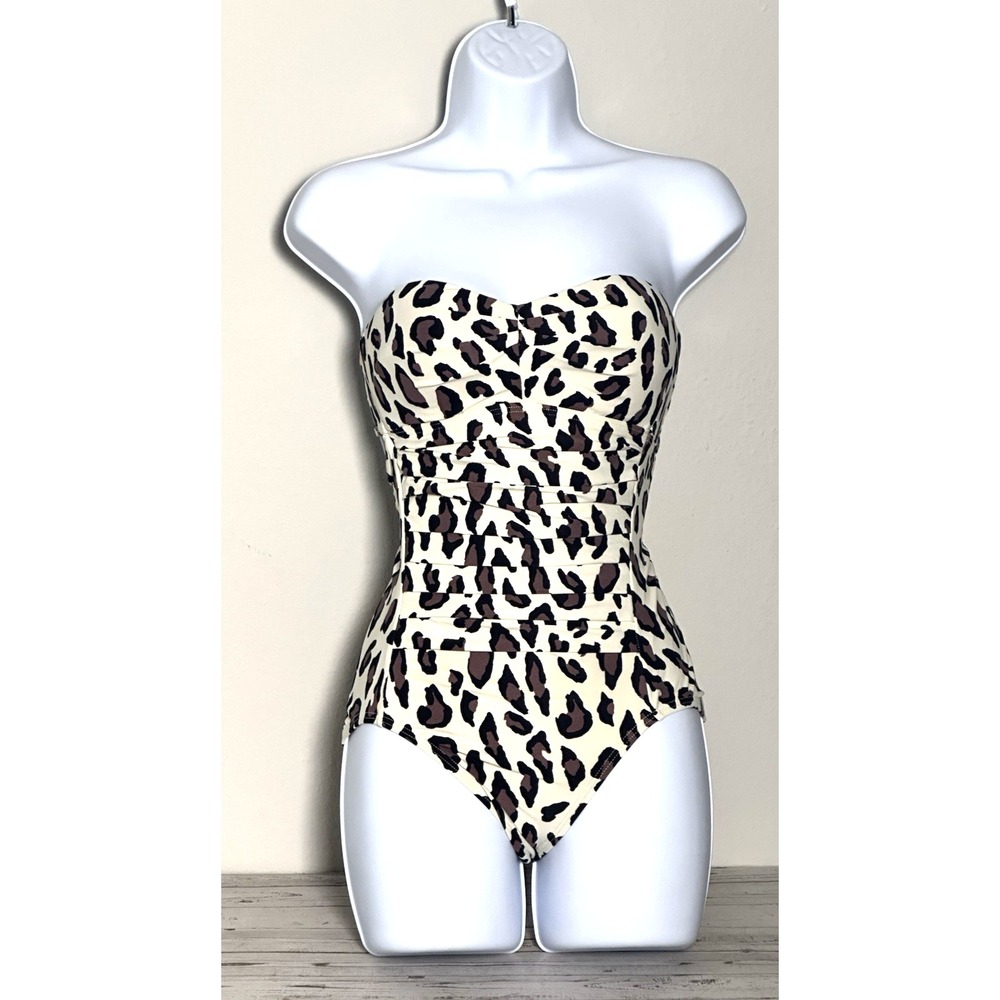 DKNY Women's Bandeau One Piece Swimsuit Size 4 Ivory Brown Black - Picture 6 of 16